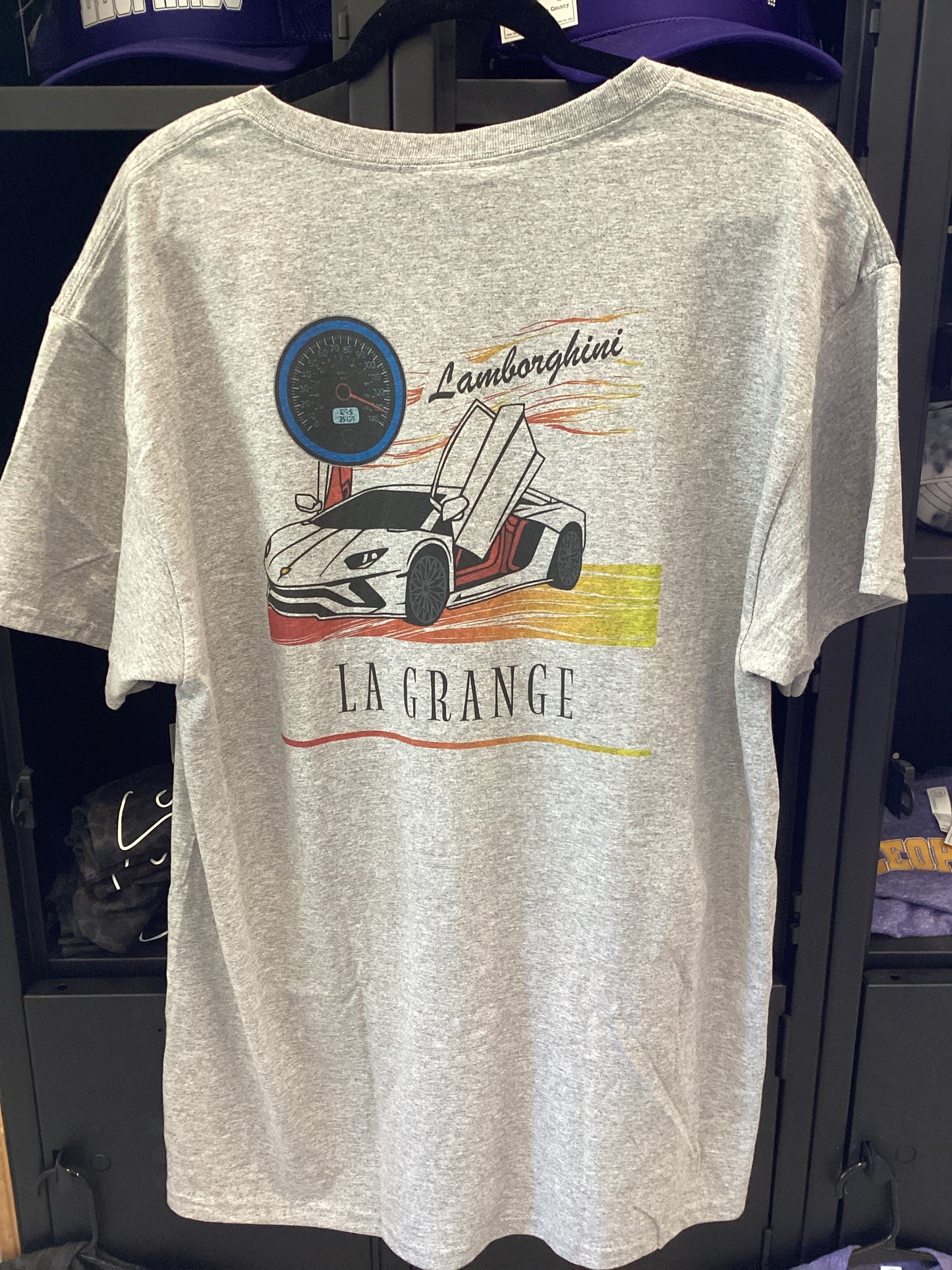 La Grange Lamborghini grey short sleeve tee with art on front and back