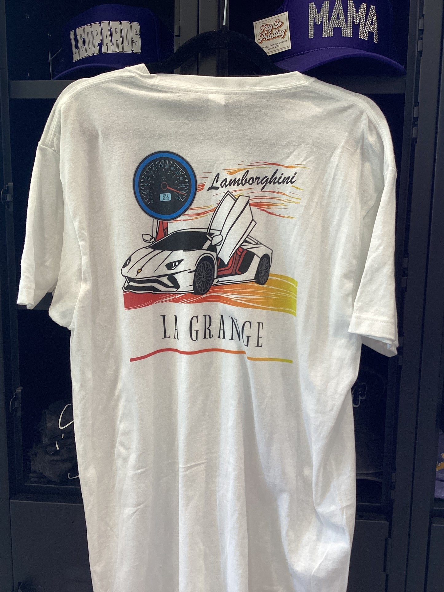 La Grange Lamborghini white short sleeve tee with art on front and back