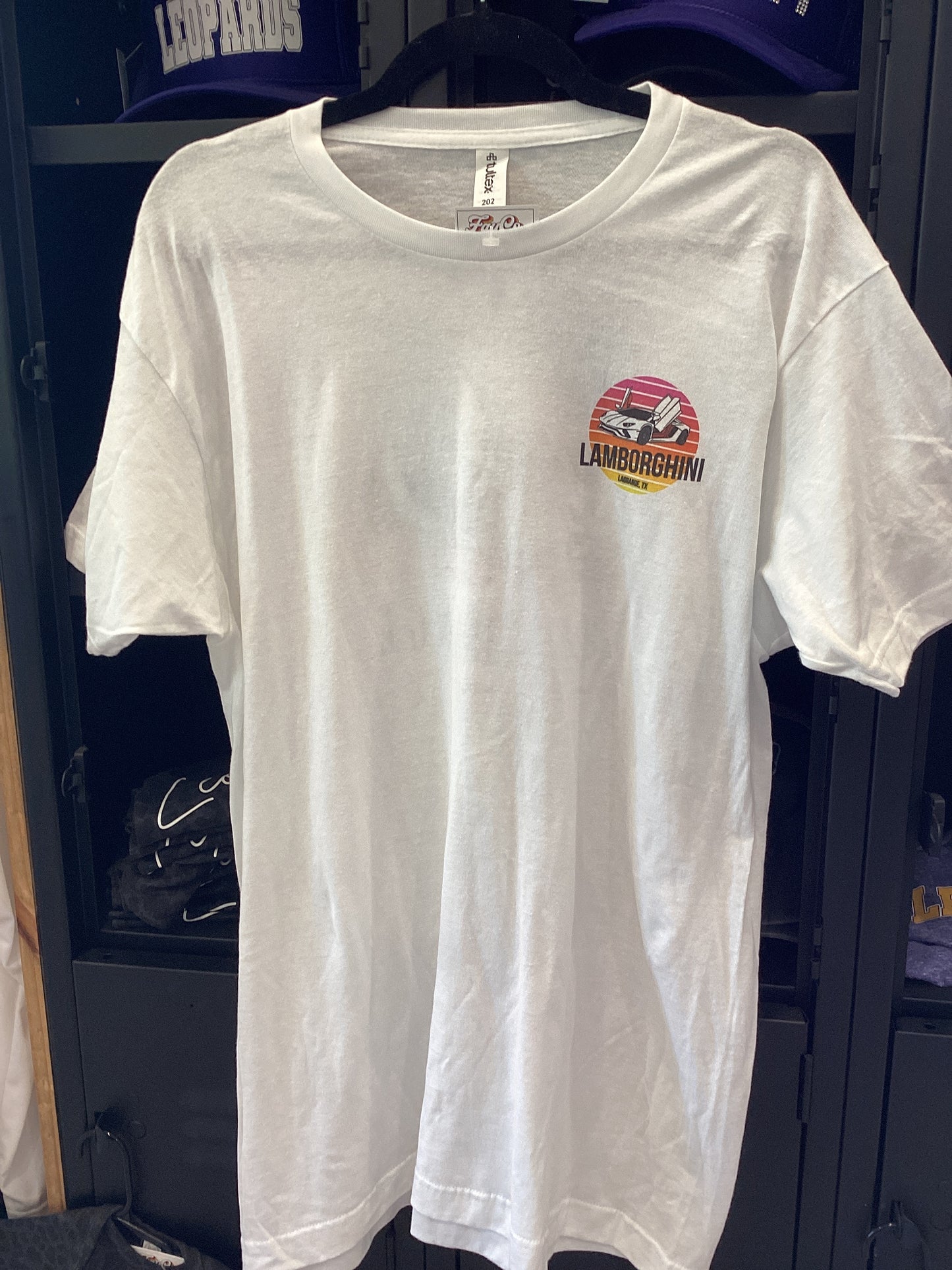 La Grange Lamborghini white short sleeve tee with art on front and back