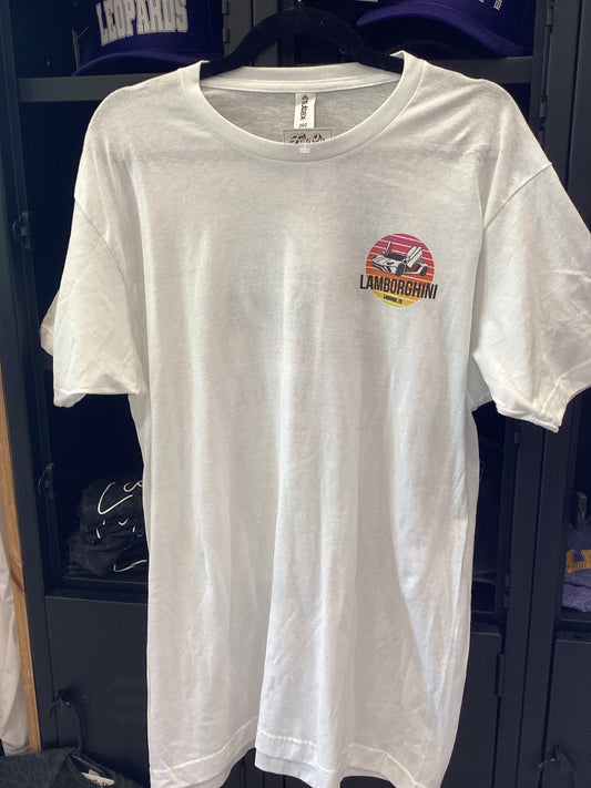 La Grange Lamborghini white short sleeve tee with art on front and back