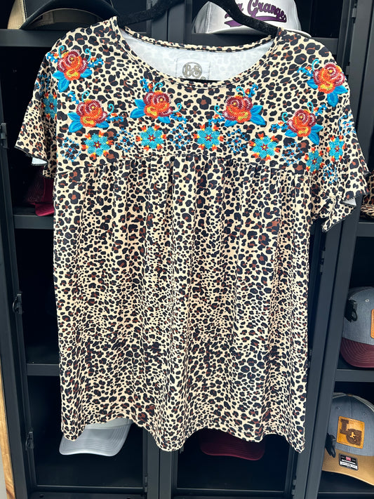 Leopard Print Embroidered Top