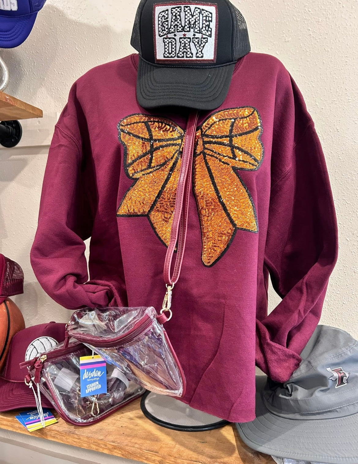 Sequin Basketball Bow Sweatshirt - Maroon