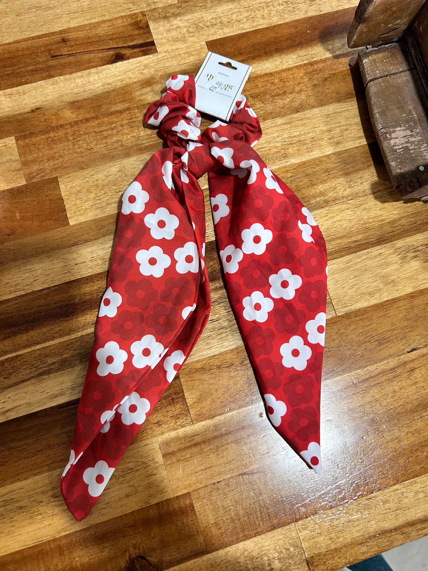 Red & White Floral Hair Scarf