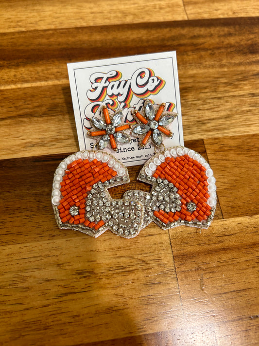 Orange & White Seed Beaded Football Helmet Earrings