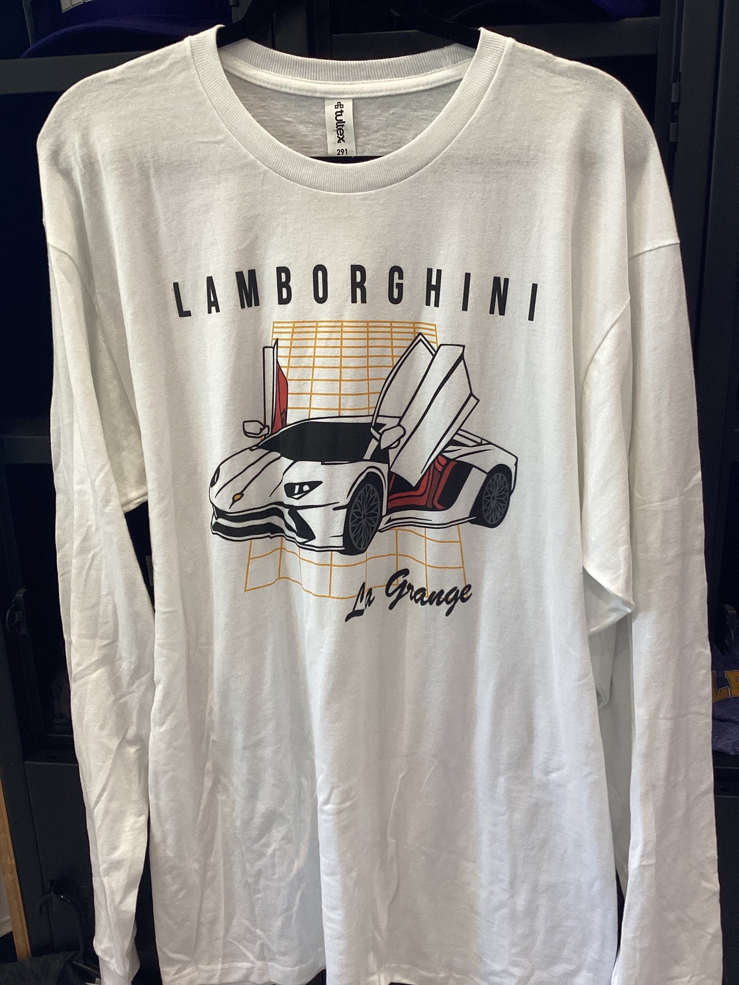 La Grange Lamborghini white long sleeve tees with art on front