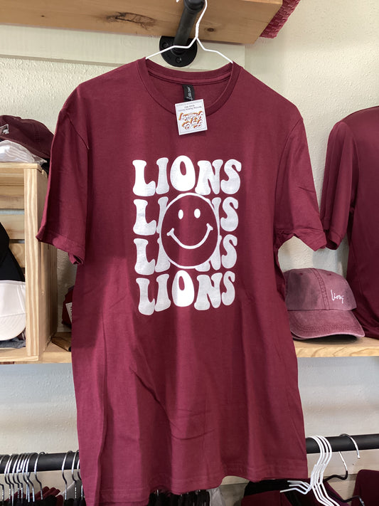 Adult Maroon smiley LIONS Tee