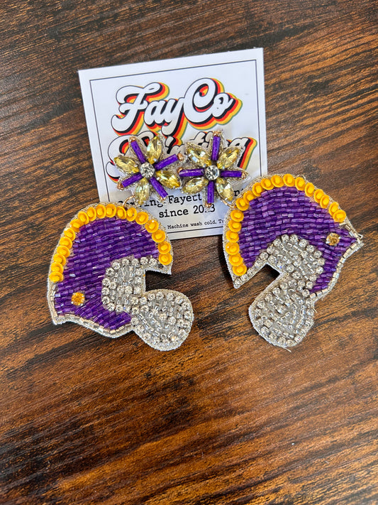 Purple & Gold Seed Beaded Football Helmet Earrings